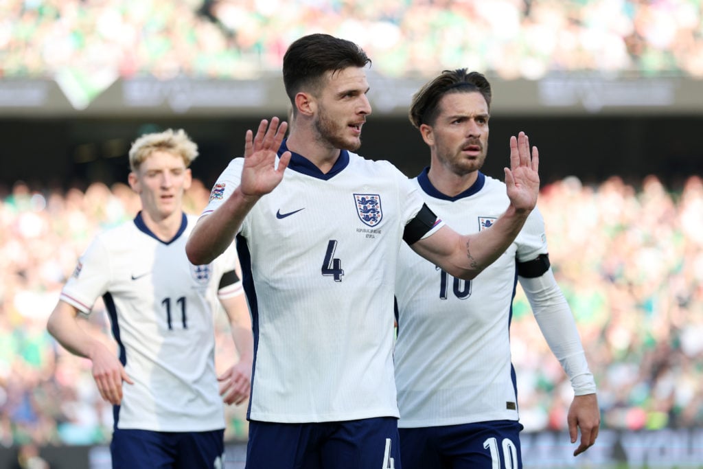 Declan Rice of England celebrates scoring his team's first goal during the UEFA Nations League 2024/25 League B Group B2 match between Republic of ...