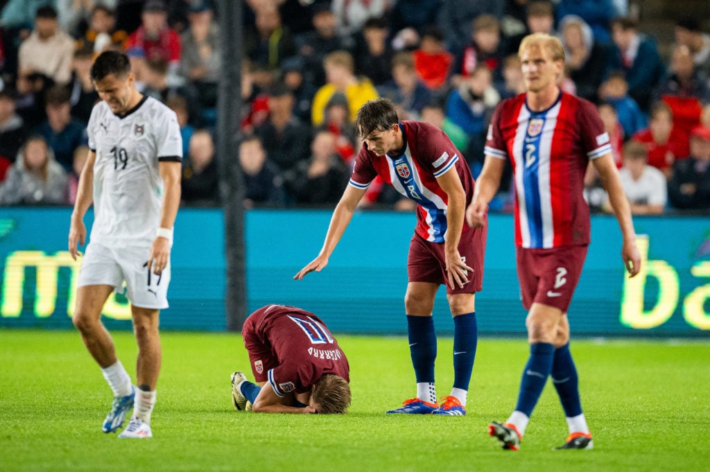 Martin Odegaard of Norway gets injured during the UEFA Nations League 2024/25 League B Group B3 match between Norway and Austria at the Ullevaal St...