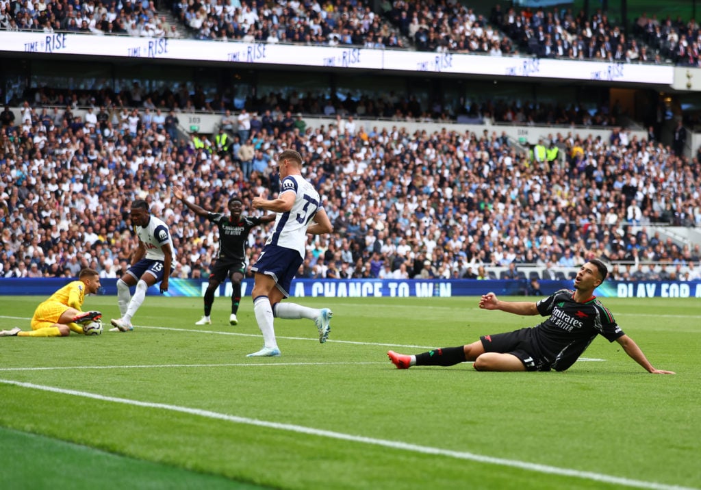 Gabriel Martinelli of Arsenal reacts after missing an opportunity to score during the Premier League match between Tottenham Hotspur FC and Arsenal...