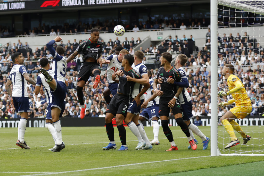 Gabriel of Arsenal scores the first goal during the Premier League match between Tottenham Hotspur FC and Arsenal FC at Tottenham Hotspur Stadium o...