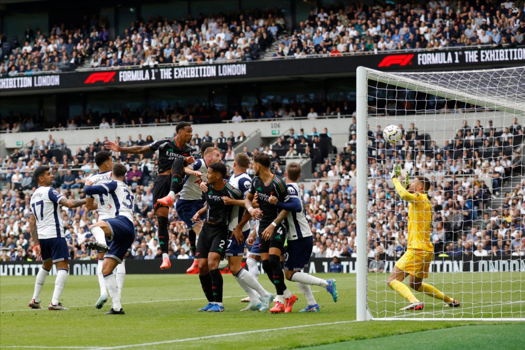 Gabriel of Arsenal scores the first goal during the Premier League match between Tottenham Hotspur FC and Arsenal FC at Tottenham Hotspur Stadium o...