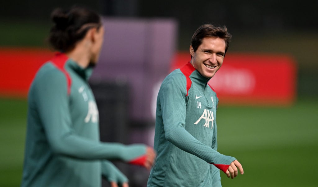 (THE SUN OUT, THE SUN ON SUNDAY OUT) Federico Chiesa of Liverpool during a training session at AXA Training Centre on September 12, 2024 in Kirkby,...