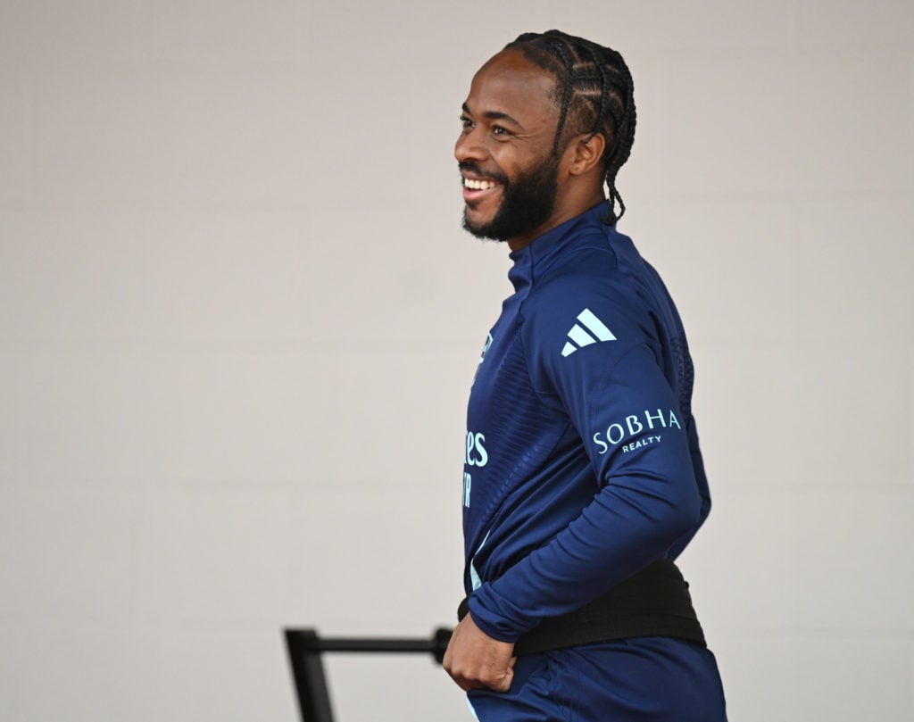 Raheem Sterling of Arsenal during a training session at Sobha Realty Training Centre on September 13, 2024 in London Colney, England.