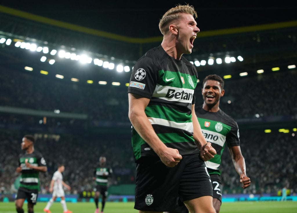 Viktor Gyokeres of Sporting CP celebrates after scoring a goal during the UEFA Champions League 2024/25 League Phase MD1 match between Sporting CP ...