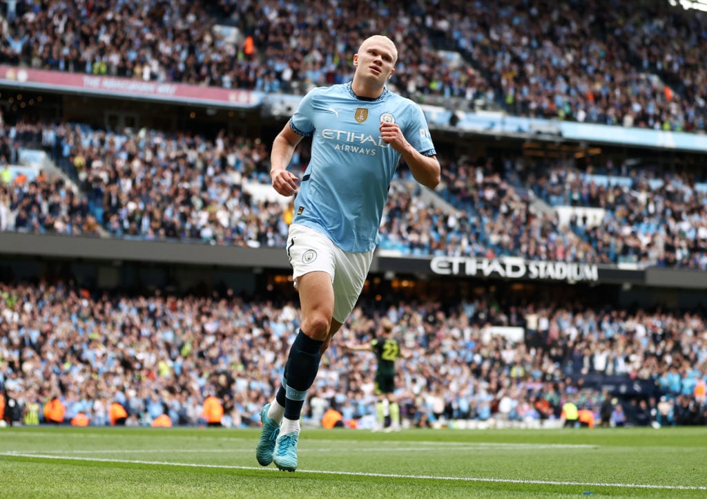 Erling Haaland of Manchester City celebrates scoring his team's second goal during the Premier League match between Manchester City FC and Brentfor...