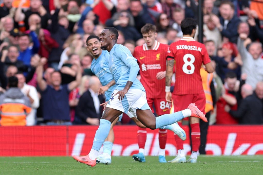 Callum Hudson-Odoi of Nottingham Forest celebrates after scoring their opening goal during the Premier League match between Liverpool FC and Nottin...