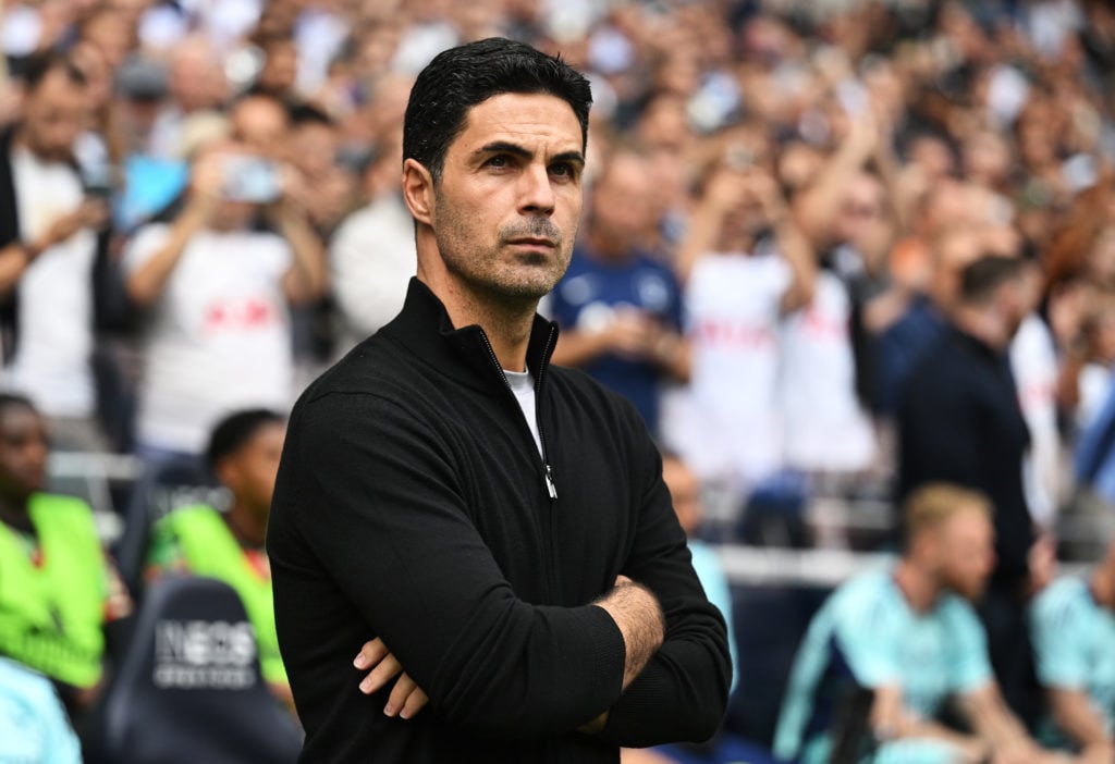 Mikel Arteta, Manager of Arsenal, looks on prior to the Premier League match between Tottenham Hotspur FC and Arsenal FC at Tottenham Hotspur Stadi...