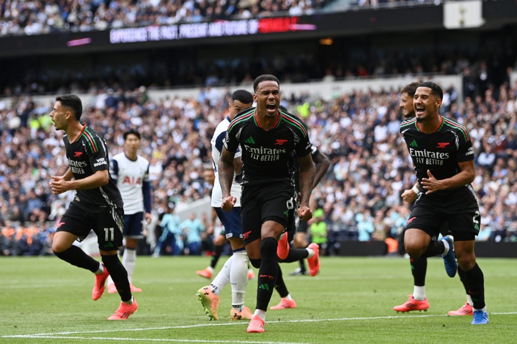 Gabriel of Arsenal celebrates scoring his team's first goal during the Premier League match between Tottenham Hotspur FC and Arsenal FC at Tottenha...