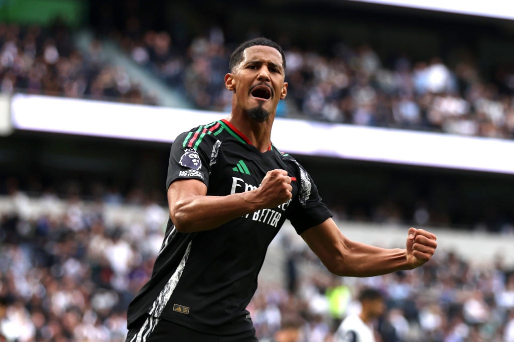 William Saliba of Arsenal celebrates at full-time during the Premier League match between Tottenham Hotspur FC and Arsenal FC at Tottenham Hotspur ...