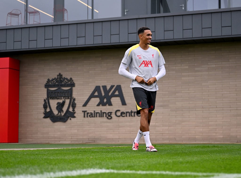 (THE SUN OUT, THE SUN ON SUNDAY OUT) Trent Alexander-Arnold of Liverpool during the UEFA Champions League 2024/25 League Phase MD1 training and pre...