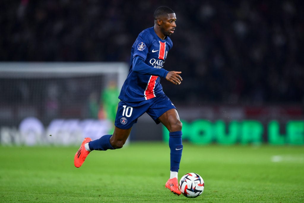 Ousmane Dembele of PSG runs with the ball during the Ligue 1 McDonald's match between Paris Saint-Germain and Stade Brestois 29 at Parc des Princes...