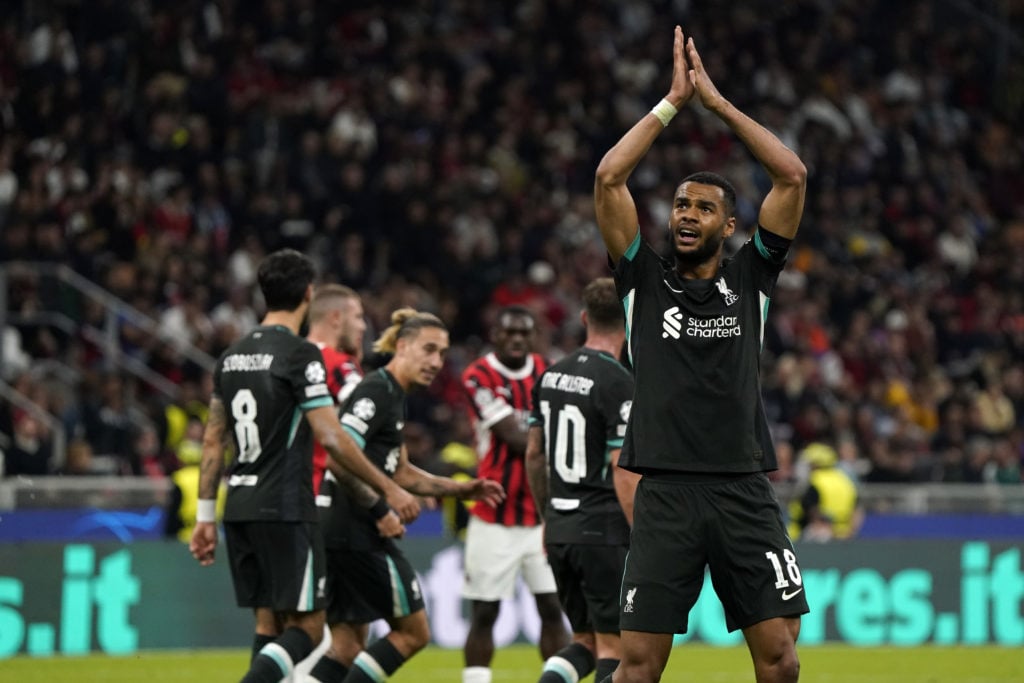 Cody Gakpo of Liverpool FC celevrates during the UEFA Champions League 2024/25 League Phase MD1 match between 	AC Milan and Liverpool FC at Stadio ...