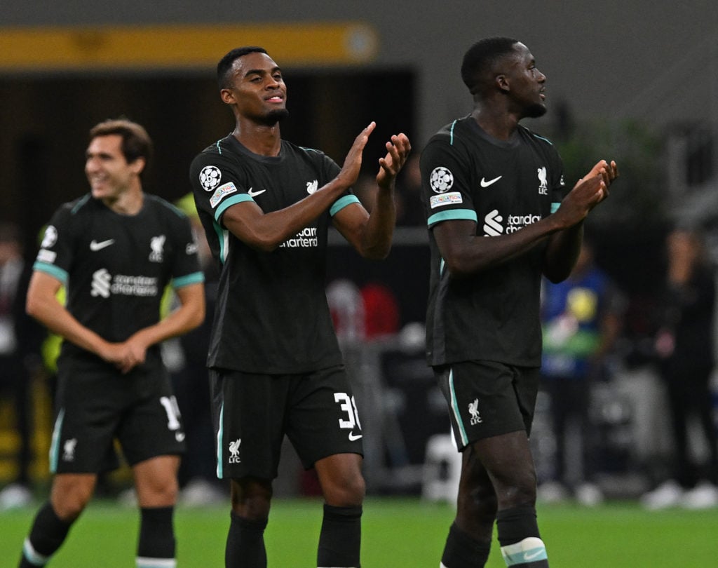 (THE SUN OUT, THE SUN ON SUNDAY OUT)  Ryan Gravenberch of Liverpool showing his appreciation to the fans at the end of the UEFA Champions League 20...