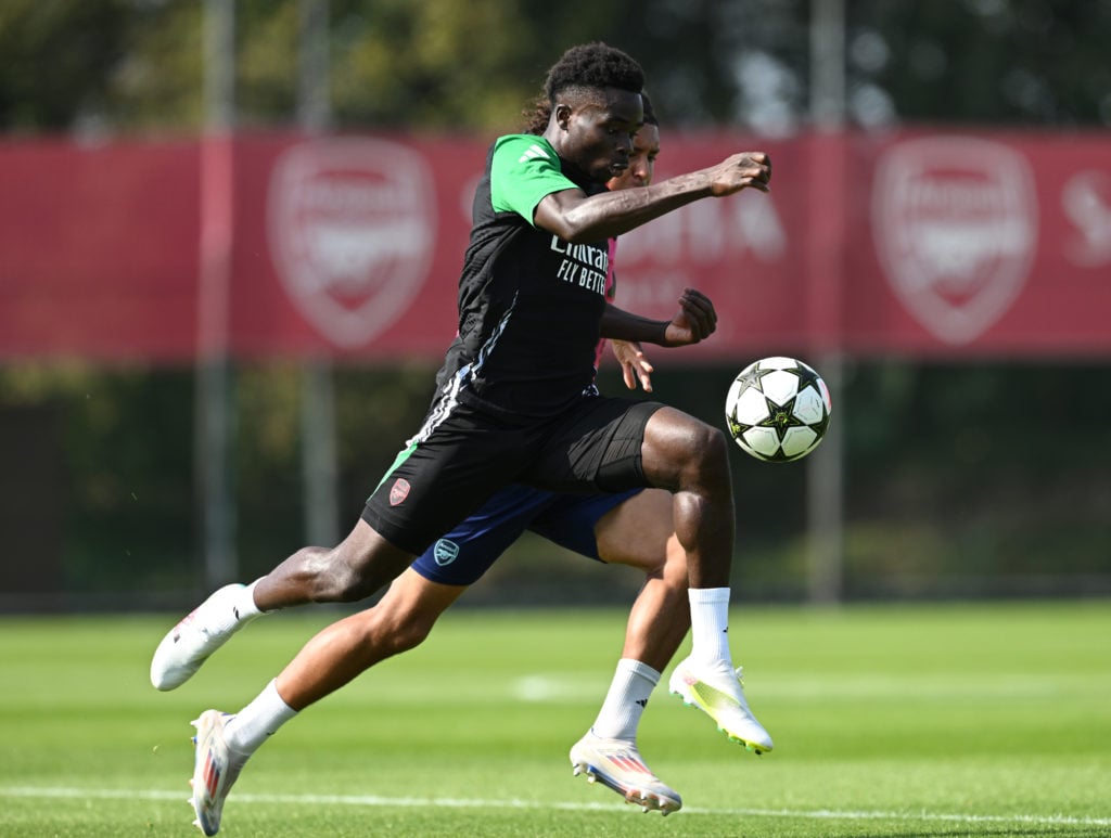 Bukayo Saka of Arsenal during a training session at Sobha Realty Training Centre on September 18, 2024 in London Colney, England.