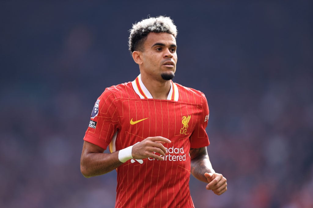 Luis Diaz of Liverpool looks on during the Premier League match between Liverpool FC and AFC Bournemouth at Anfield on September 21, 2024 in Liverp...