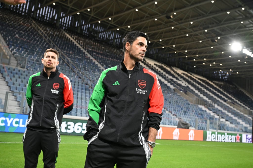 Arsenal manager Mikel Arteta and midfielder Jorginho at Gewiss Stadium before a press conference during the UEFA Champions League 2024/25 League Ph...