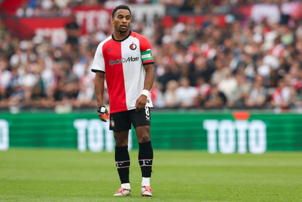 Quinten Timber of Feyenoord looks on during the Dutch Eredivisie match between Feyenoord and NAC Breda at Stadion Feijenoord on September 22, 2024 ...