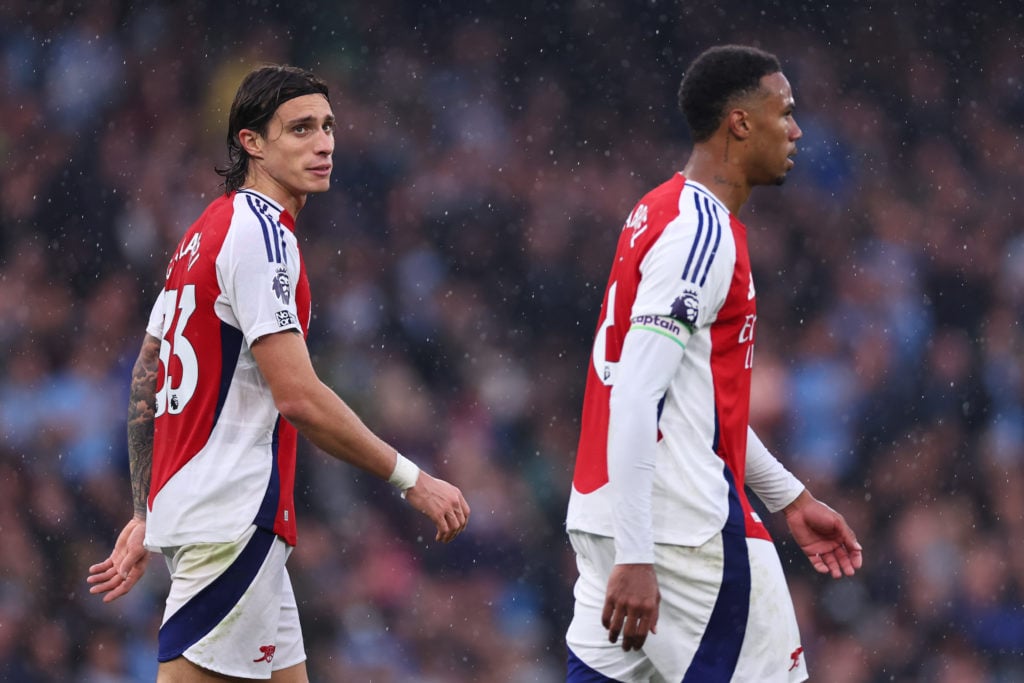 Riccardo Calafiori of Arsenal and Gabriel Magalhaes of Arsenal during the Premier League match between Manchester City FC and Arsenal FC at Etihad ...