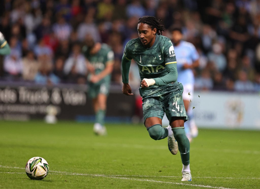 Djed Spence of Tottenham Hotspur in action during the Carabao Cup Third Round match between Coventry City and Tottenham Hotspur at The Coventry Bui...