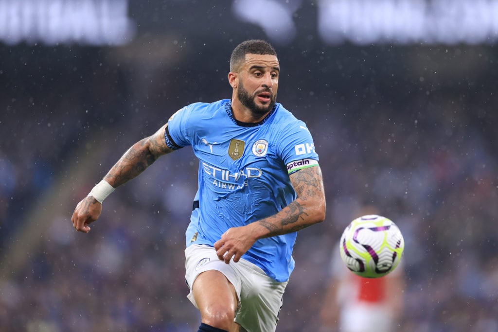 Kyle Walker of Manchester City in action during the Premier League match between Manchester City FC and Arsenal FC at Etihad Stadium on September 2...