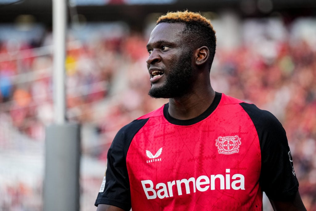 Victor Boniface of Bayer 04 Leverkusen looks on during the Bundesliga match between Bayer 04 Leverkusen and VfL Wolfsburg at BayArena on September ...