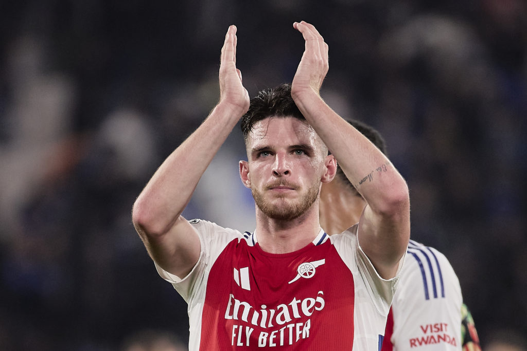 Declan Rice of Arsenal gestures during the UEFA Champions League 2024/25 League Phase MD1 match between Atalanta BC and Arsenal FC at Stadio di Ber...