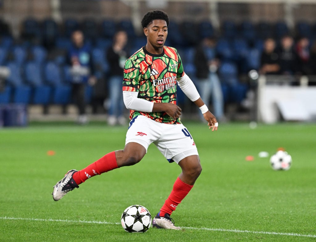 Myles Lewis-Skelly of Arsenal warms up before the UEFA Champions League 2024/25 League Phase MD1 match between Atalanta BC and Arsenal FC at Stadio...