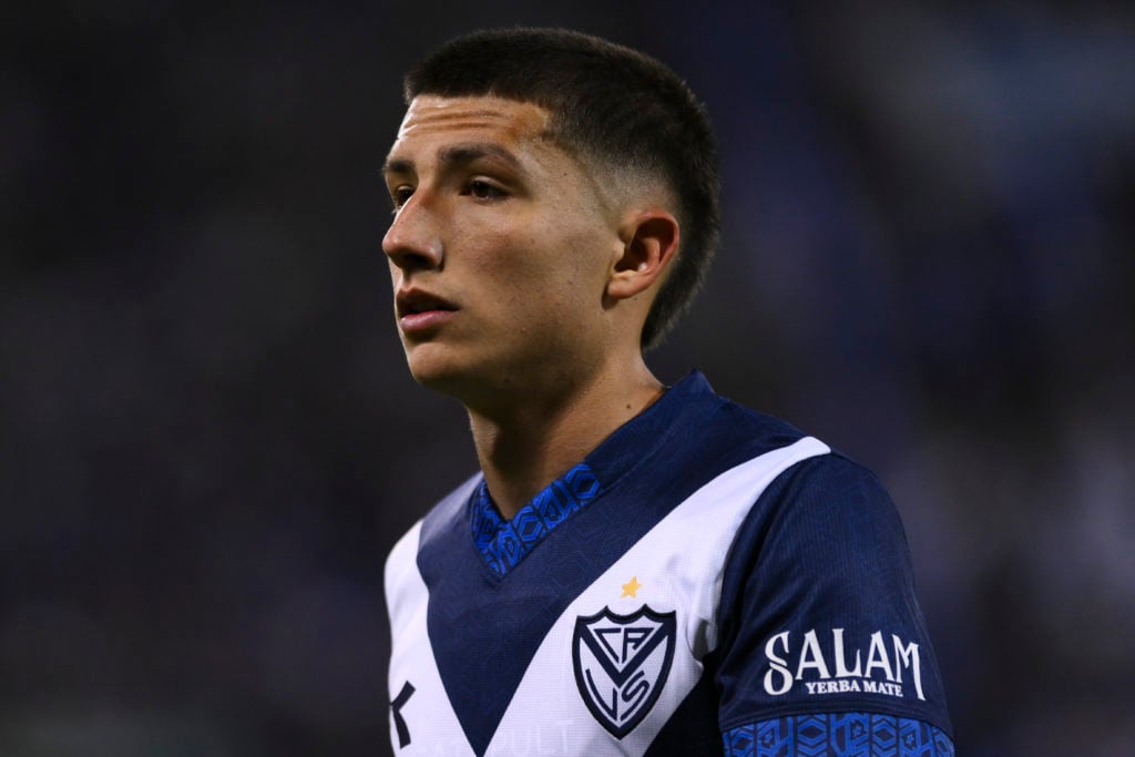 Thiago Fernandez of Velez reacts during a Liga Profesional 2024 match between Velez and Estudiantes at Jose Amalfitani Stadium on September 23, 202...