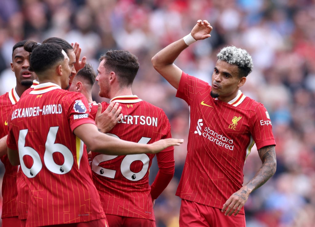 Luis Diaz of Liverpool celebrates with Trent Alexander-Arnold after scoring his team's second goal during the Premier League match between Liverpoo...