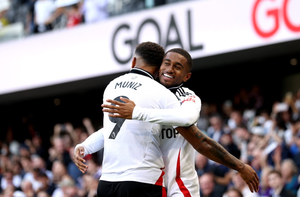 Reiss Nelson of Fulham celebrates with Rodrigo Muniz after scoring his team's third goal during the Premier League match between Fulham FC and Newc...