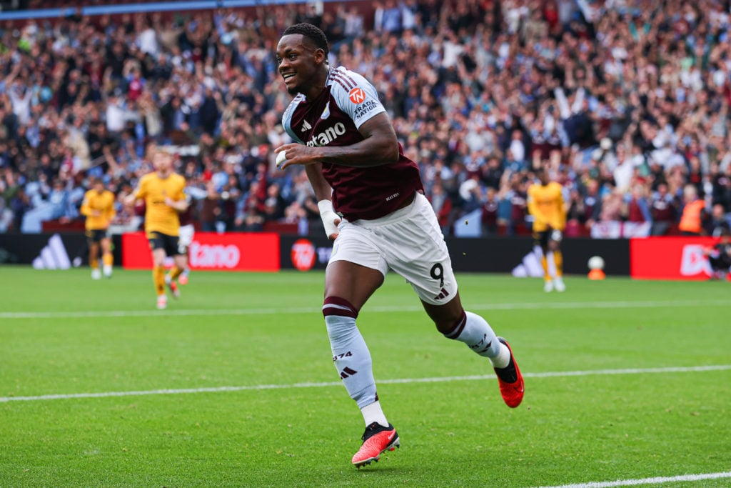 Jhon Duran of Aston Villa runs off to celebrate after scoring his side's third goal during the Premier League match between Aston Villa FC and Wolv...