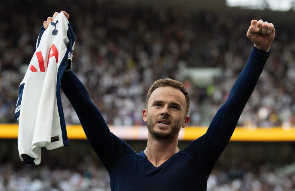 James Maddison celebrates scoring Tottenham Hotspur's third goal during the Premier League match between Tottenham Hotspur FC and Brentford FC at T...