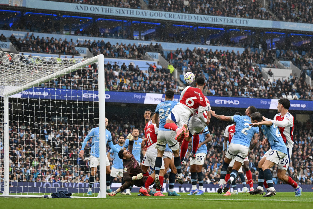 Gabriel of Arsenal scores his team's second goal during the Premier League match between Manchester City FC and Arsenal FC at Etihad Stadium on Sep...