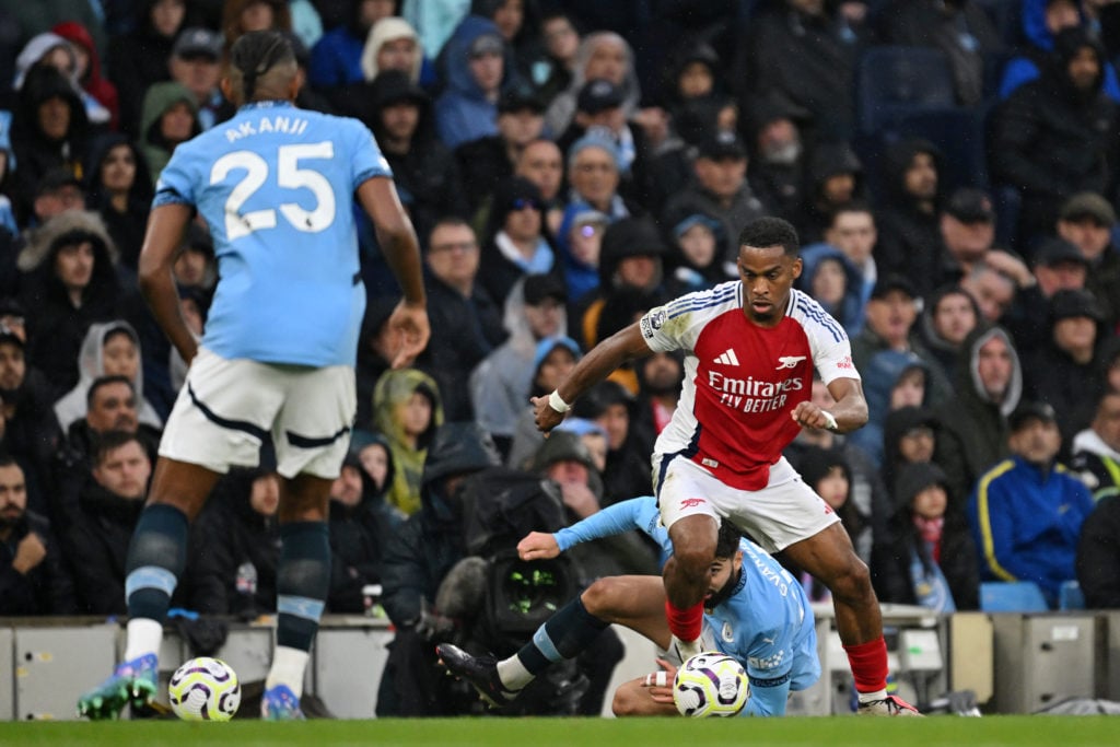 Jurrien Timber of Arsenal runs with the ball during the Premier League match between Manchester City FC and Arsenal FC at Etihad Stadium on Septemb...