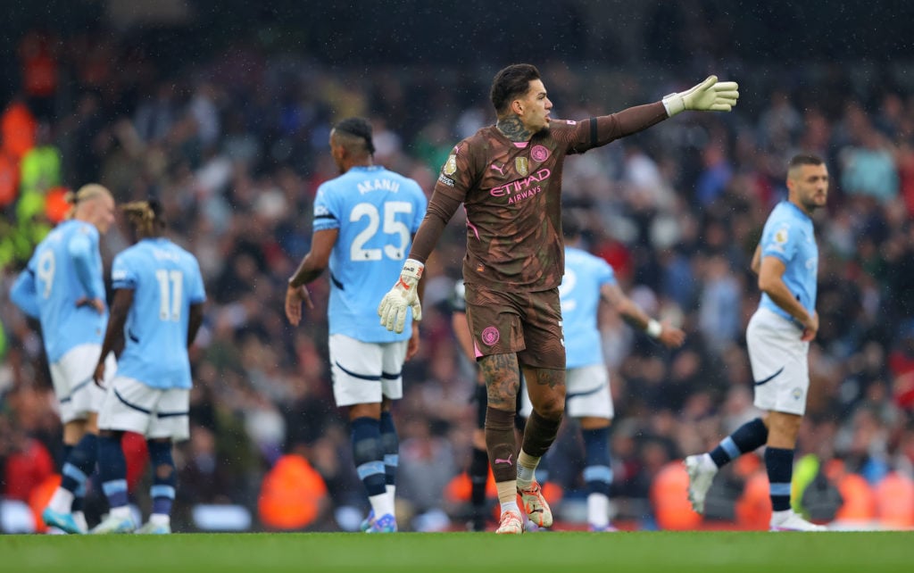 Ederson of Manchester City reacts during the Premier League match between Manchester City FC and Arsenal FC at Etihad Stadium on September 22, 2024...