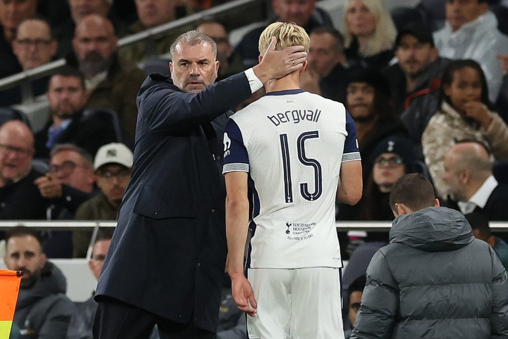 Ange Postecoglou manager / head coach of Tottenham Hotspur consoles Lucas Bergvall of Tottenham Hotspur as he comes off early during the UEFA Europ...