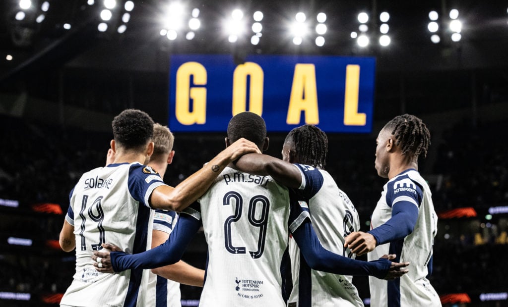 Tottenham Hotspur's Pape Matar Sarr (no.29) celebrates scoring his side's second goal with team mates during the UEFA Europa League 2024/25 League ...