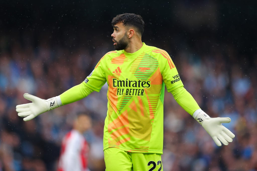 David Raya of Arsenal during the Premier League match between Manchester City FC and Arsenal FC at Etihad Stadium on September 22, 2024 in Manchest...