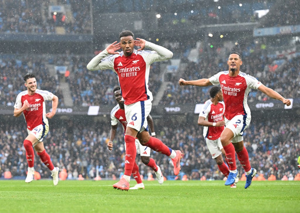 Gabriel celebrates scoring the 1st Arsenal goal during the Premier League match between Manchester City FC and Arsenal FC at Etihad Stadium on Sept...