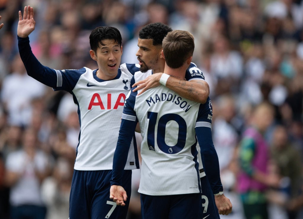 Dominic Solanke of Tottenham Hotspur (right) celebrates his goal with Heung-Min Son and James Maddision during the Premier League match between Tot...