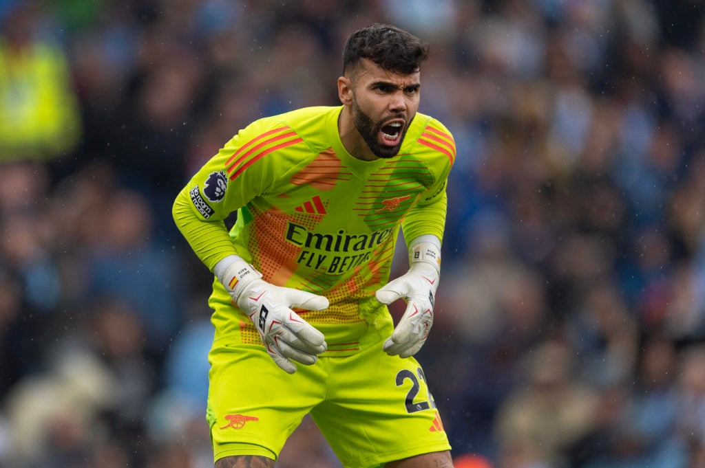 Arsenal goalkeeper David Raya during the Premier League match between Manchester City FC and Arsenal FC at Etihad Stadium on September 22, 2024 in ...