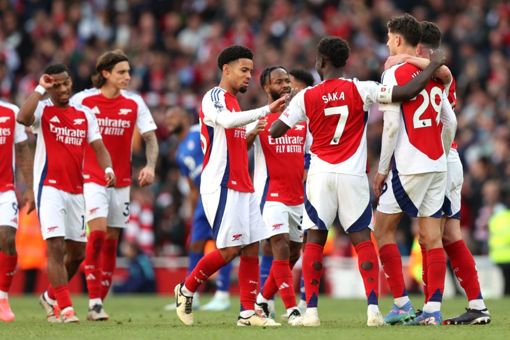 Ethan Nwaneri of Arsenal in the centre of the goal celebrations during the Premier League match between Arsenal FC and Leicester City FC at Emirate...