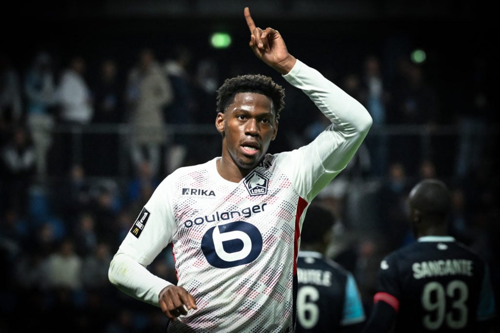 Lille's Canadian striker #09 Jonathan David celebrates after scoring his team's third goal during the French L1 football match between Le Havre AC ...