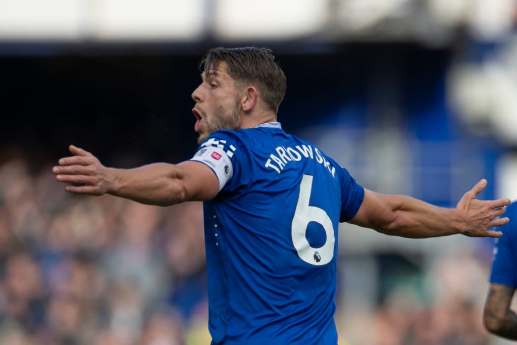 James Tarkowski #6 of Everton F.C. gesticulates during the Premier League match between Everton and Crystal Palace at Goodison Park in Liverpool, E...