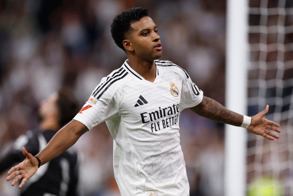 Rodrygo Goes player of Real Madrid celebrates after scoring his team's third goal during the La Liga match between Real Madrid CF and Deportivo Ala...