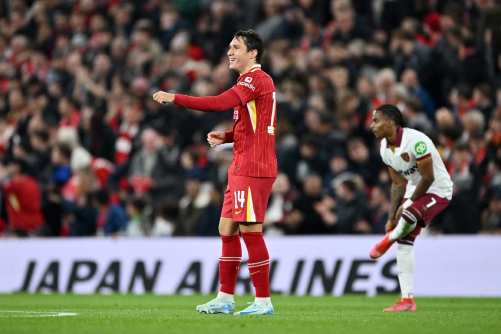 Federico Chiesa of Liverpool reacts during the Carabao Cup Third Round match between Liverpool and West Ham United at Anfield on September 25, 2024...