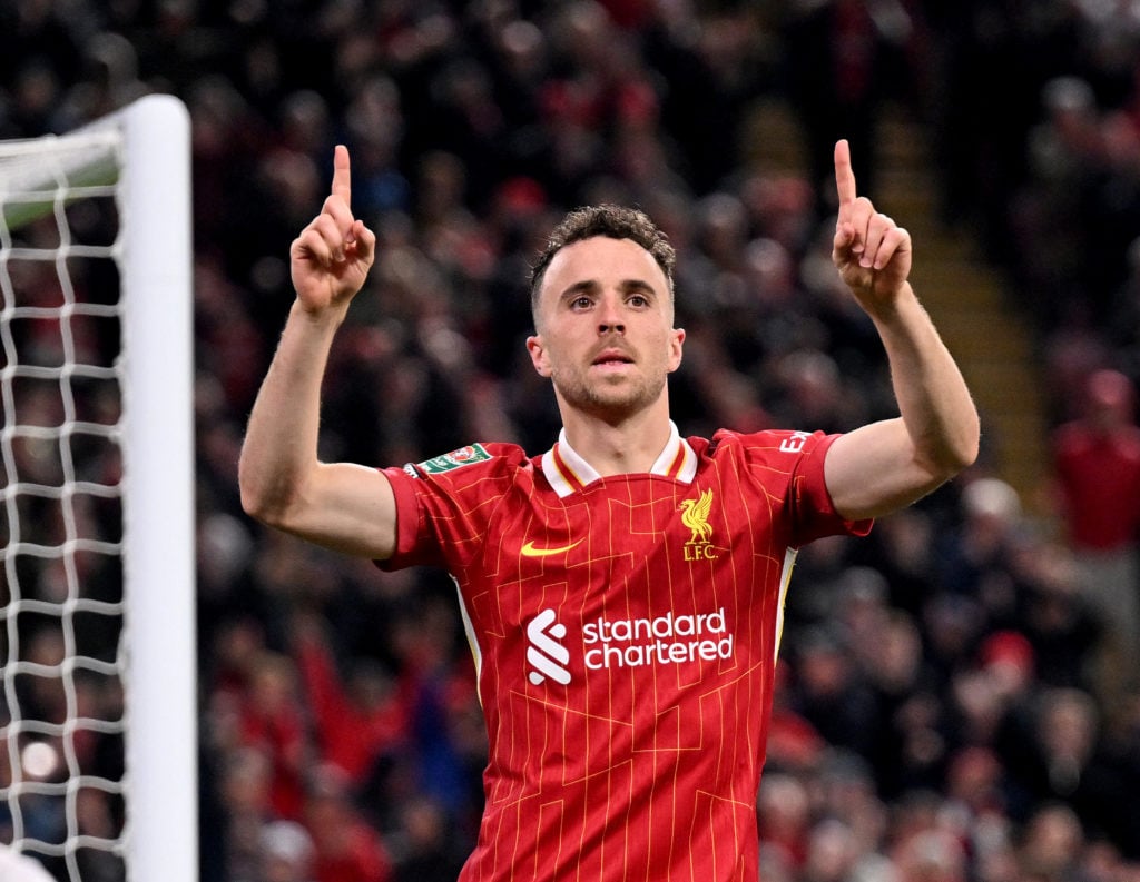 (THE SUN OUT, THE SUN ON SUNDAY OUT) Diogo Jota of Liverpool celebrating after scoring the second goal during the Carabao Cup Third Round match bet...