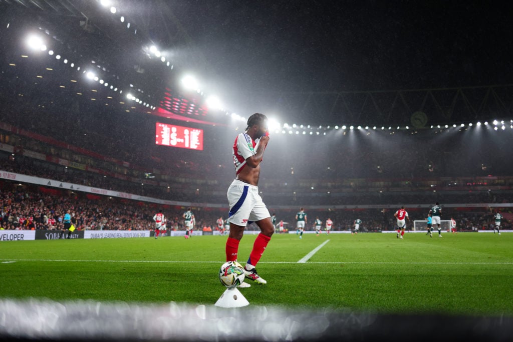 Raheem Sterling of Arsenal leaves the pitch after being substituted during the Carabao Cup Third Round match between Arsenal and Bolton Wanderers a...