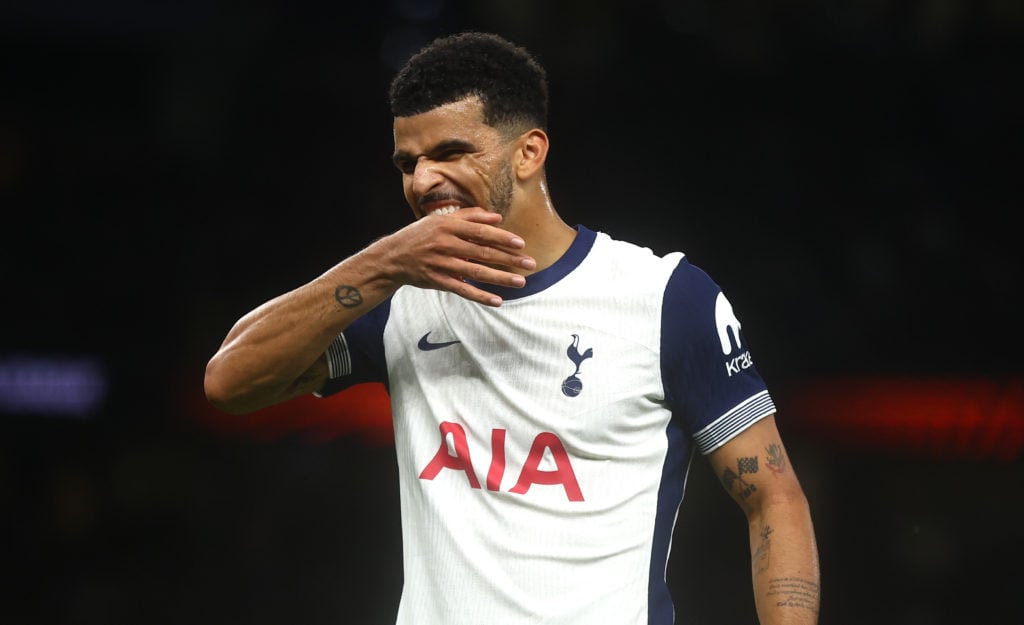 Dominic Solanke of Tottenham Hotspur celebrates scoring their teams third goal during the UEFA Europa League 2024/25 League Phase MD1 match between...