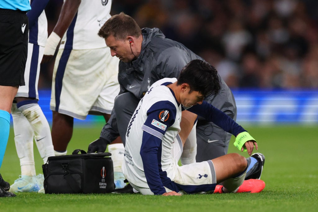 Son Heung-Min of Tottenham Hotspur reacts before leaving the game injured during the UEFA Europa League 2024/25 League Phase MD1 match between Tott...